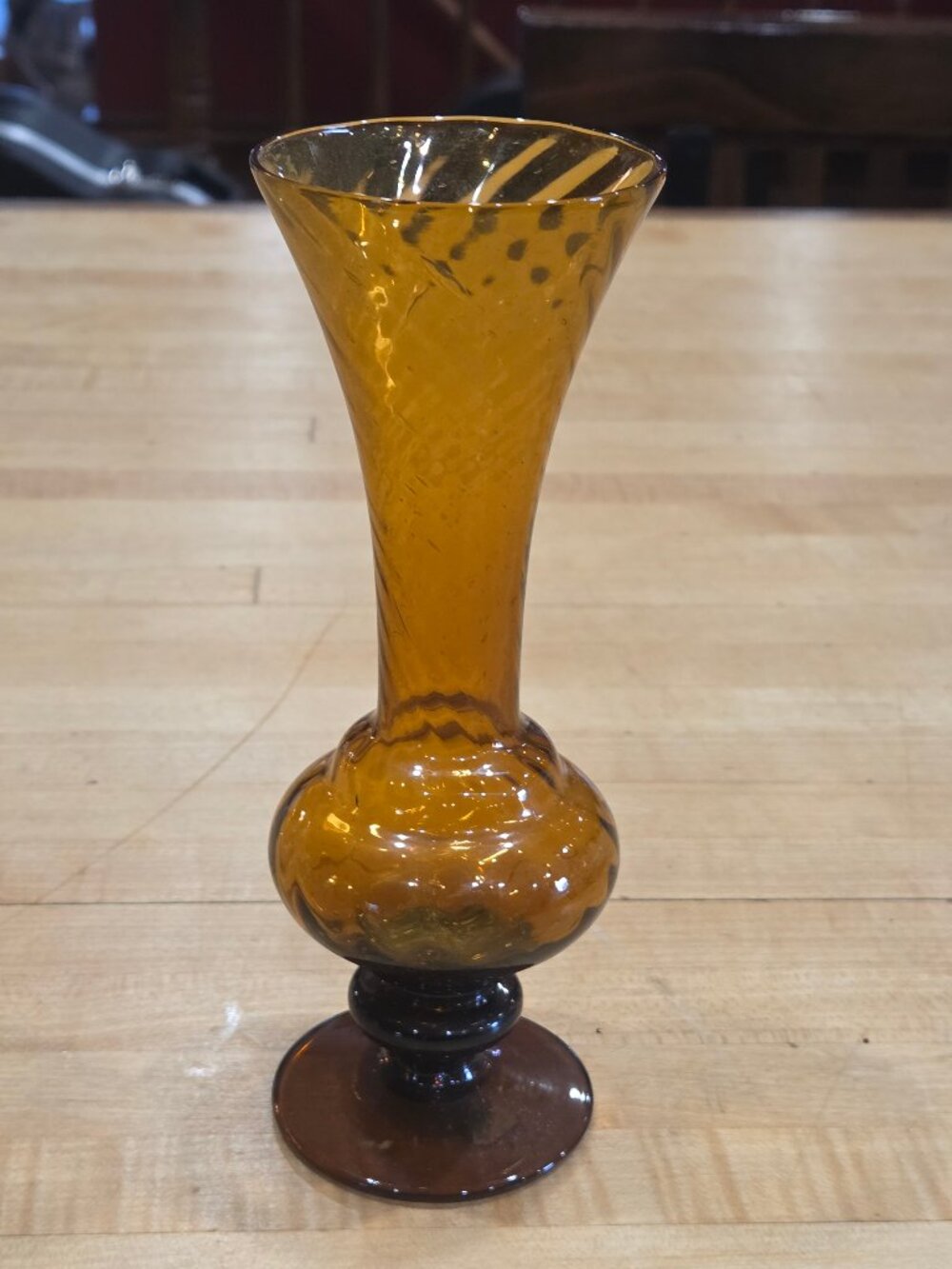 Vintage Empoli Italy Amber Glass Optic Swirl Pedestal Bud Vase